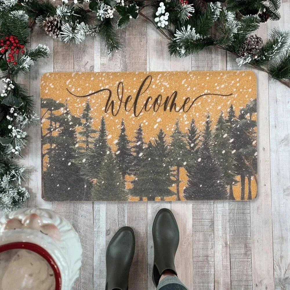 Festive 17x30” Outdoor Doormat, Faux Coir with Non-Slip Backing & Pine Trees